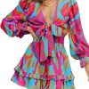 Womens Casual Spring Summer 2025 Deep V Neck Knotted Tiered Chiffon Elegant Mini Short Swing Skater Dresses