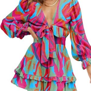 Womens Casual Spring Summer 2025 Deep V Neck Knotted Tiered Chiffon Elegant Mini Short Swing Skater Dresses