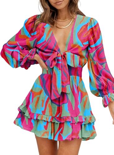 Womens Casual Spring Summer 2025 Deep V Neck Knotted Tiered Chiffon Elegant Mini Short Swing Skater Dresses