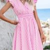 Women's Mini Dress V Neck Flutter Sleeve Striped Smocked Waist A Line Short Summer Cocktail Dress