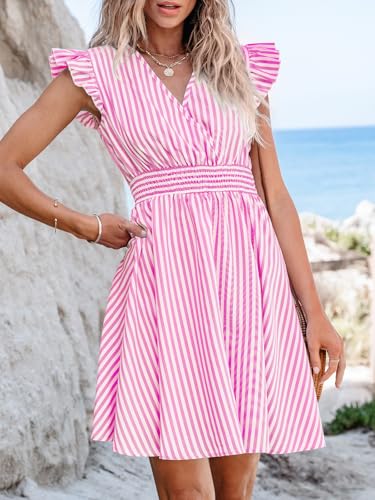 Women's Mini Dress V Neck Flutter Sleeve Striped Smocked Waist A Line Short Summer Cocktail Dress