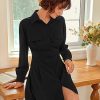 Women's Dress Drop Shoulder Flap Detail Shirt Dress - Casual Long Sleeve Button Front Short Dress Dress IPADSA(X-Small)