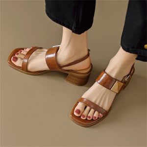 JSEIAJB Toe Sandals For Women With Thick Heels, Back Strap, Square Buckle Leather, High Heels, Large Size Sandals