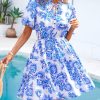Women Summer Floral Short Dresses V Neck Short Sleeve Tiered Ruffle Boho Swing Dress A-Line Mini Dresses