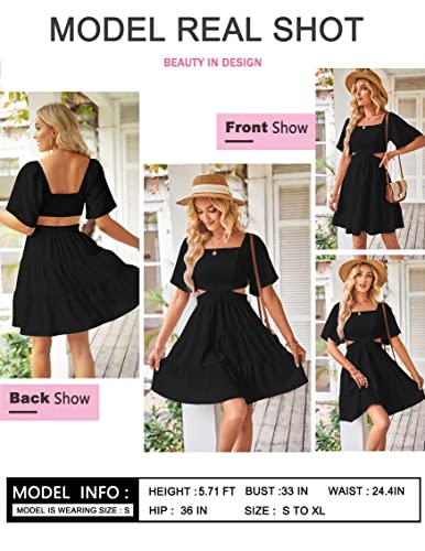 Women's Summer Dresses Square Neck Casual Short Sleeves Crossover Elastic Waist Party Mini Dress