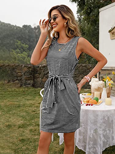Womens 2025 Summer Sleeveless Striped T Shirt Dress Casual Crew Neck Tie Waist Mini Dresses