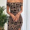 Women's Dress Black Geo Print Off Shoulder Split Hem Bodycon Dress, Casual Geometric Pattern Short Dress for Women, Pencil Hem