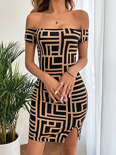 Women's Dress Black Geo Print Off Shoulder Split Hem Bodycon Dress, Casual Geometric Pattern Short Dress for Women, Pencil Hem