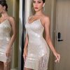 Women's Dress Fringe Trim Sequin Cami Bodycon Dress - Champagne, Party Style, Backless, Sleeveless, Short Length Dress
