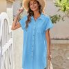 Women's Summer Dress 2025 Cotton Button Down Short Sleeve Tshirt Dresses Casual Flowy V Neck Loose Mini Beach Dress