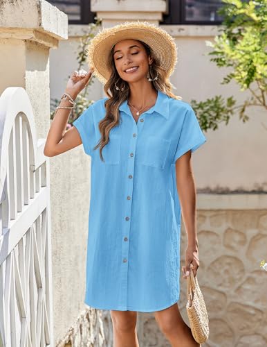 Women's Summer Dress 2025 Cotton Button Down Short Sleeve Tshirt Dresses Casual Flowy V Neck Loose Mini Beach Dress
