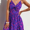 Women's Mini Dress Floral Twisted V Neck Sleeveless Short Dress Pleated Self Tie Back Mini Dress