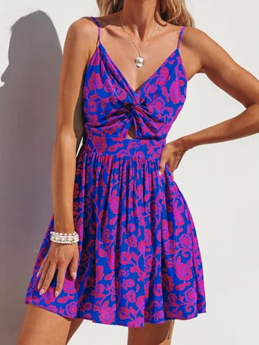 Women's Mini Dress Floral Twisted V Neck Sleeveless Short Dress Pleated Self Tie Back Mini Dress