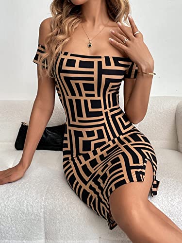 Women's Dress Black Geo Print Off Shoulder Split Hem Bodycon Dress, Casual Geometric Pattern Short Dress for Women, Pencil Hem