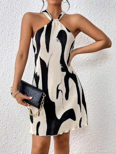 Women's Summer Dress Printed Halter Neck Mini Casual Pleated Sundress Party Date Outfit