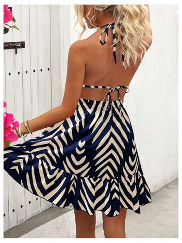 Women's Allover Print Summer Dress Halter Deep V Neck Ruffle Hem Short Dresses