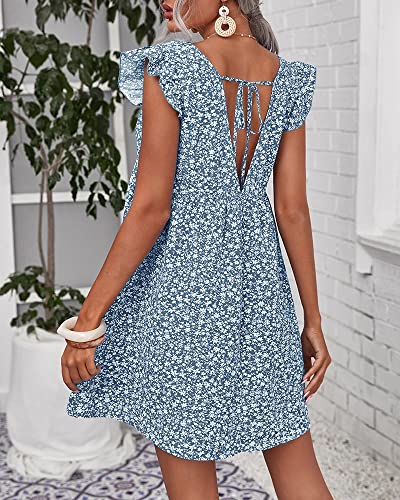 Women Boho Floral Summer Dresses Casual Backless V Neck Mini Dress Ruffle Beach Sundress
