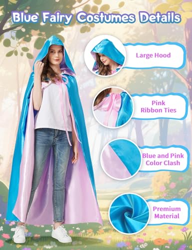Blue Fairy Hooded Cloak Costume Cape Cosplay Princess Costume for Women Adult Halloween Outfit Girl