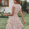 Womens Summer Dresses Boho V Neck Floral Print Ruffle Sleeve Layered Mini Dress Cute Smocked Waist Short Dress