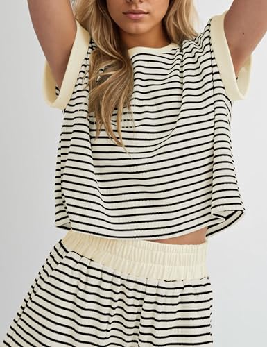 2 Piece Lounge Set Women Stripe Knit Short Sleeve Tee Shirts Shorts Casual Summer Loungewear Shorts Sets