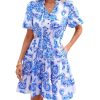 Women Summer Floral Short Dresses V Neck Short Sleeve Tiered Ruffle Boho Swing Dress A-Line Mini Dresses