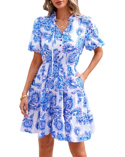 Women Summer Floral Short Dresses V Neck Short Sleeve Tiered Ruffle Boho Swing Dress A-Line Mini Dresses
