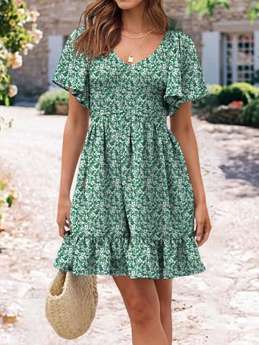 Womens Cute Floral Smocked V Neck Flutter Sleeve Sundress with Pockets Casual Spring Summer Dresses for Women 2025