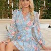 Women's Dress Floral Print Ruched Waist Dress - V Neck A Line Short Dress Dress IPADSA(Large)