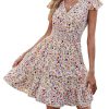 Womens Summer Dresses Boho V Neck Floral Print Ruffle Sleeve Layered Mini Dress Cute Smocked Waist Short Dress