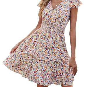 Womens Summer Dresses Boho V Neck Floral Print Ruffle Sleeve Layered Mini Dress Cute Smocked Waist Short Dress