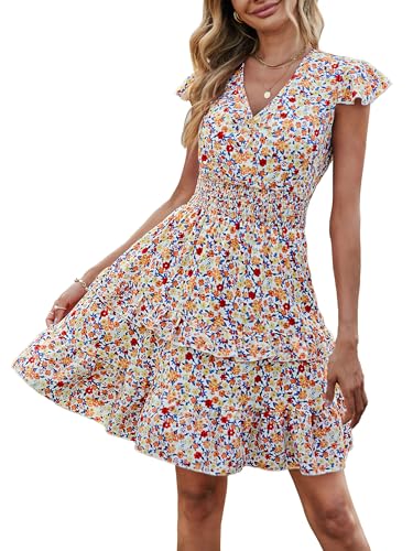 Womens Summer Dresses Boho V Neck Floral Print Ruffle Sleeve Layered Mini Dress Cute Smocked Waist Short Dress