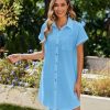 Women's Summer Dress 2025 Cotton Button Down Short Sleeve Tshirt Dresses Casual Flowy V Neck Loose Mini Beach Dress