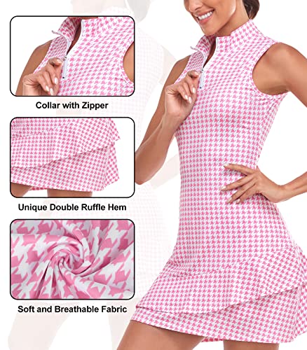 Tennis Dress for Women Sleeveless Golf Dresses with Shorts and Pockets Ruffle Zip Up Stand Collar Golf Outfits