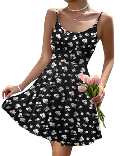Women's Summer Dress Adjustable Spaghetti Strap Floral Mini Casual Dress with Pockets Fit & Flare Beach Sundress