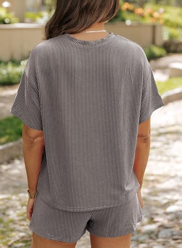 Two 2 Piece Sets for Women Short Sleeve Shirts High Waisted Shorts with Pockets Pajamas Lounge Matching Set