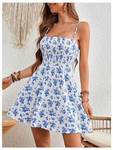 Women's Boho Floral Print Sleeveless Sundress Ruched Bust Flare Hem Vacation Cami Short Dress