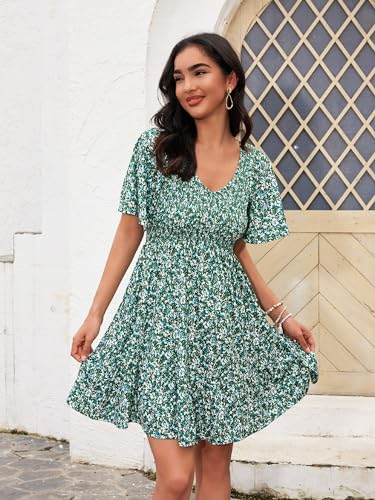 Womens Cute Floral Smocked V Neck Flutter Sleeve Sundress with Pockets Casual Spring Summer Dresses for Women 2025