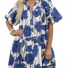 Women's Summer Button Down Shirt Dress Floral Puff Short Sleeve Casual Loose Fit Beach Mini Dresses