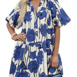 Women's Summer Button Down Shirt Dress Floral Puff Short Sleeve Casual Loose Fit Beach Mini Dresses