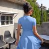 Women's Sexy Square Neck Short Sleeve Ruched Tiered Ruffle Hem Flowy Club Party Mini Dress