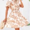 Women Summer Floral Short Dresses V Neck Short Sleeve Tiered Ruffle Boho Swing Dress A-Line Mini Dresses
