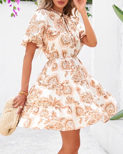 Women Summer Floral Short Dresses V Neck Short Sleeve Tiered Ruffle Boho Swing Dress A-Line Mini Dresses
