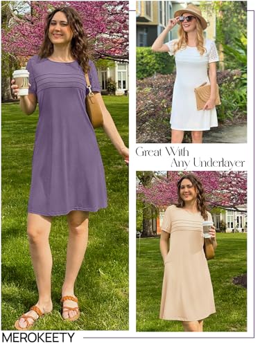 Women's Summer Short Lace Sleeve T Shirt Dress Casual Crew Neck Pleated Front Shift Dresses