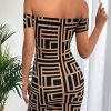 Women's Dress Black Geo Print Off Shoulder Split Hem Bodycon Dress, Casual Geometric Pattern Short Dress for Women, Pencil Hem