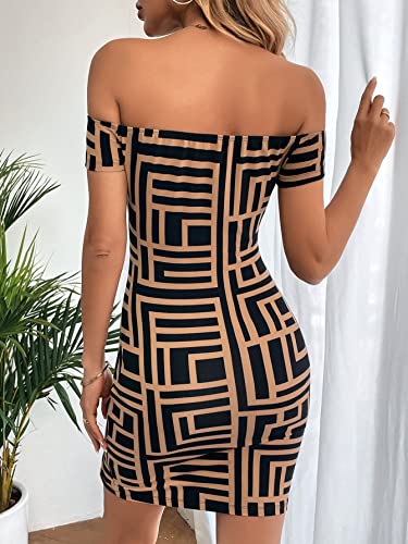 Women's Dress Black Geo Print Off Shoulder Split Hem Bodycon Dress, Casual Geometric Pattern Short Dress for Women, Pencil Hem