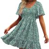 Womens Cute Floral Smocked V Neck Flutter Sleeve Sundress with Pockets Casual Spring Summer Dresses for Women 2025