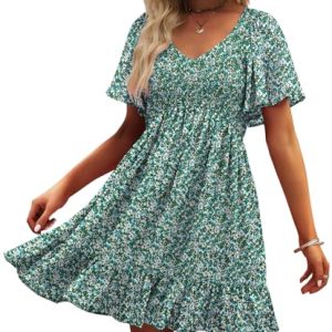 Womens Cute Floral Smocked V Neck Flutter Sleeve Sundress with Pockets Casual Spring Summer Dresses for Women 2025