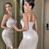 Women's Dress Fringe Trim Sequin Cami Bodycon Dress - Champagne, Party Style, Backless, Sleeveless, Short Length Dress