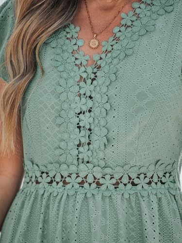 Summer Dress for Women Casual Spring V Neck Lace Appliques Cap Sleeves Hollow Out Beach Mini Dress