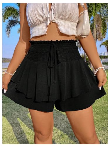 Women's Plus Size Smocked Tiered Ruffle Flowy Shorts Drawstring Elastic Waist Wide Leg Shorts